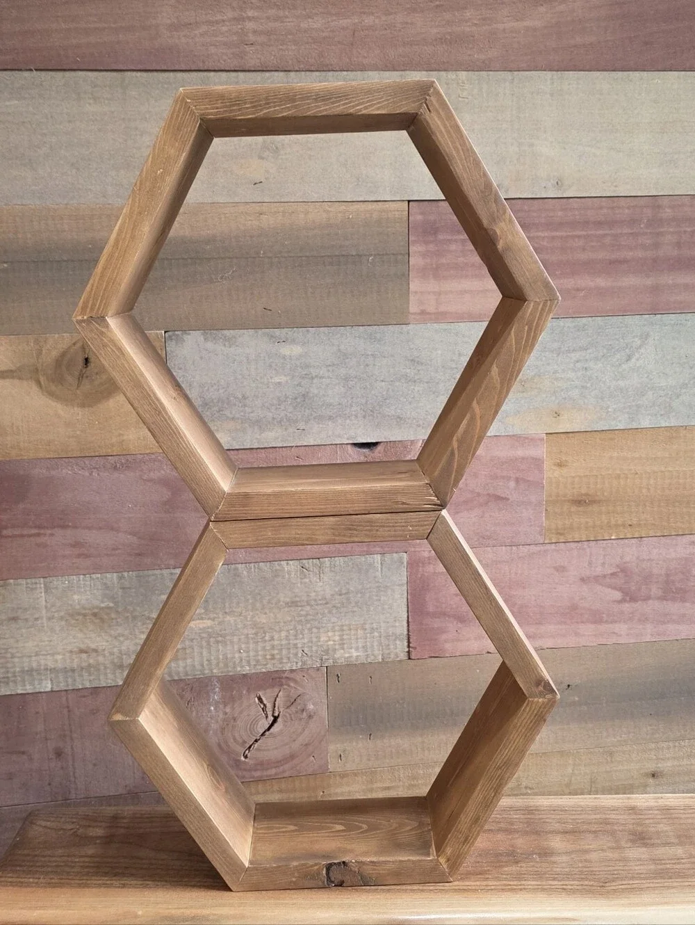 Set Of 2  Hexagon Wall Shelf in Warm Brown